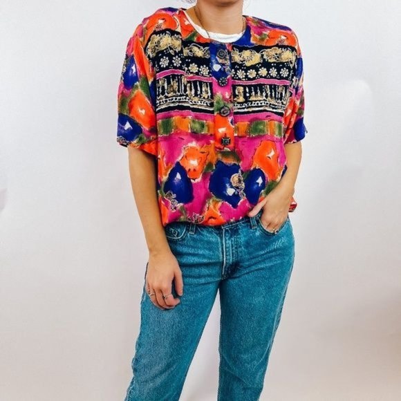 Vintage Tops - Vintage Funky Mix Print Colorful Top with Funky Buttons